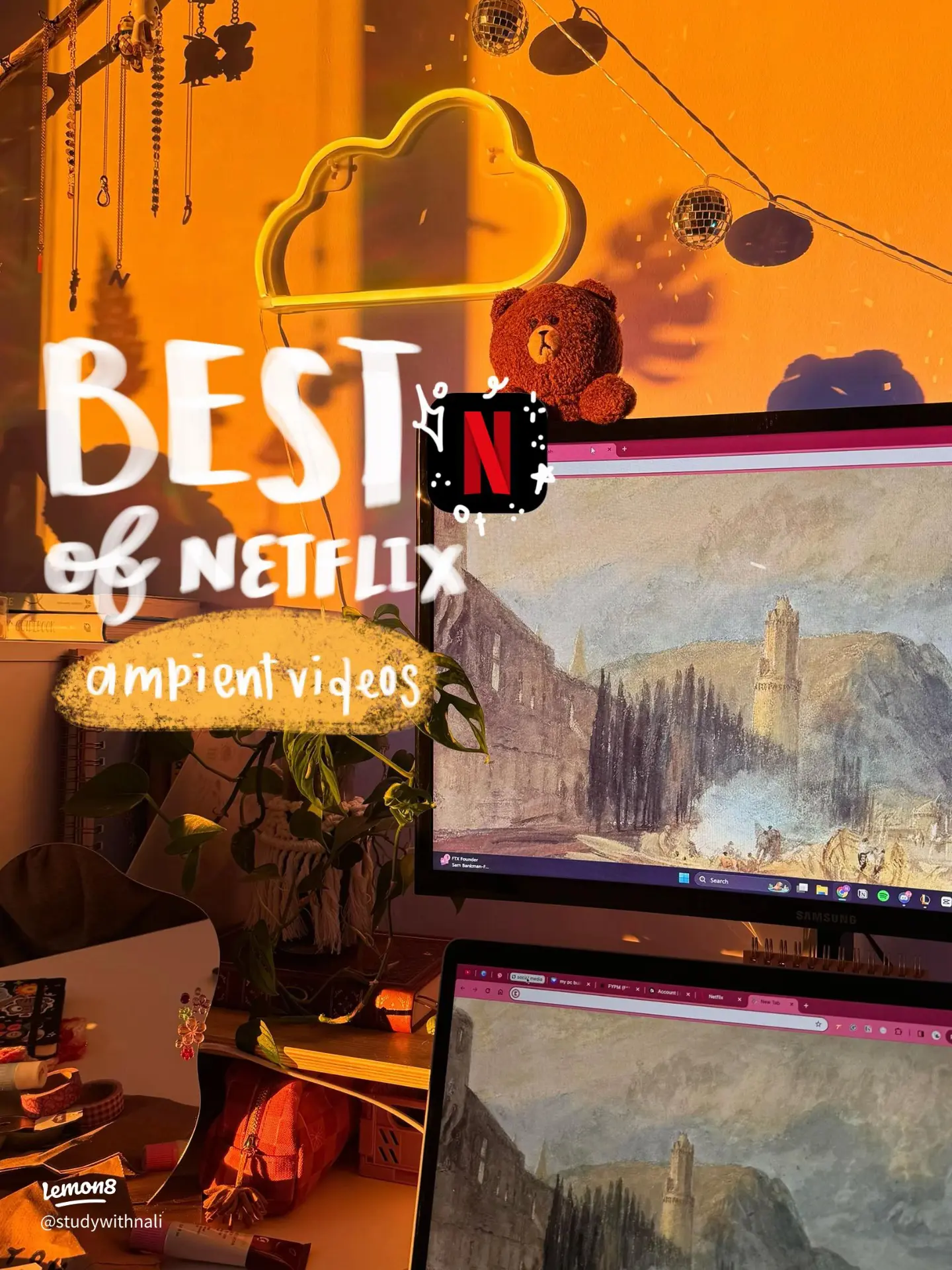 Warm desk setup with Netflix ambient art playing on screen